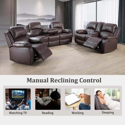 Manual Recliner Sofa Set (3 Pieces, Brown) - Loft&Timber