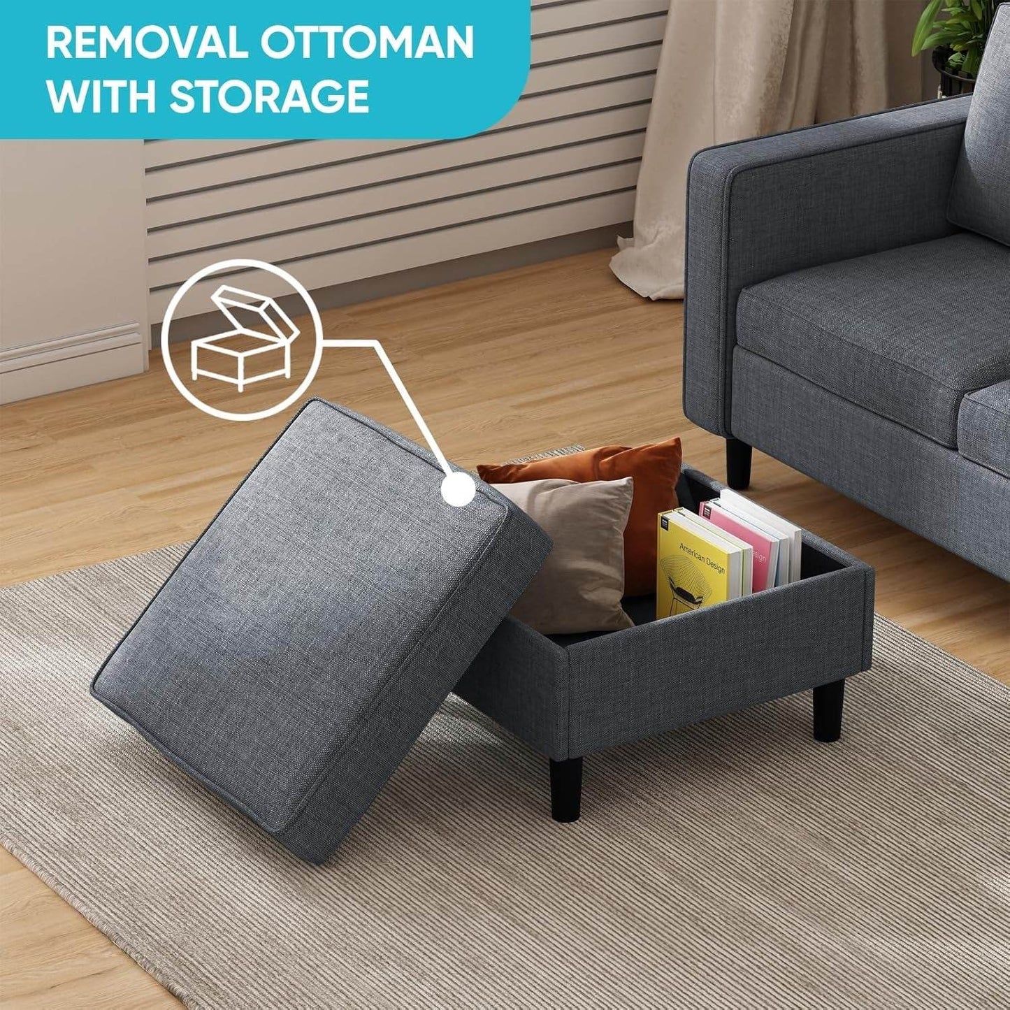 6 Seaters Sectional Upholstered Sofa, Linen Fabric Sofa Couch with Side Pockets, Free Combination Sofa Set with Movable Storage Ottoman, for Living Room-Sofa&Loveseat&Chair&Ottoman,Dark Grey - Loft&Timber