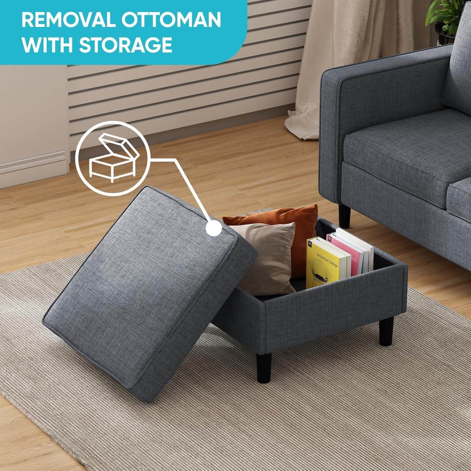 6 Seaters Sectional Upholstered Sofa, Linen Fabric Sofa Couch with Side Pockets, Free Combination Sofa Set with Movable Storage Ottoman, for Living Room-Sofa&Loveseat&Chair&Ottoman,Dark Grey - Loft&Timber