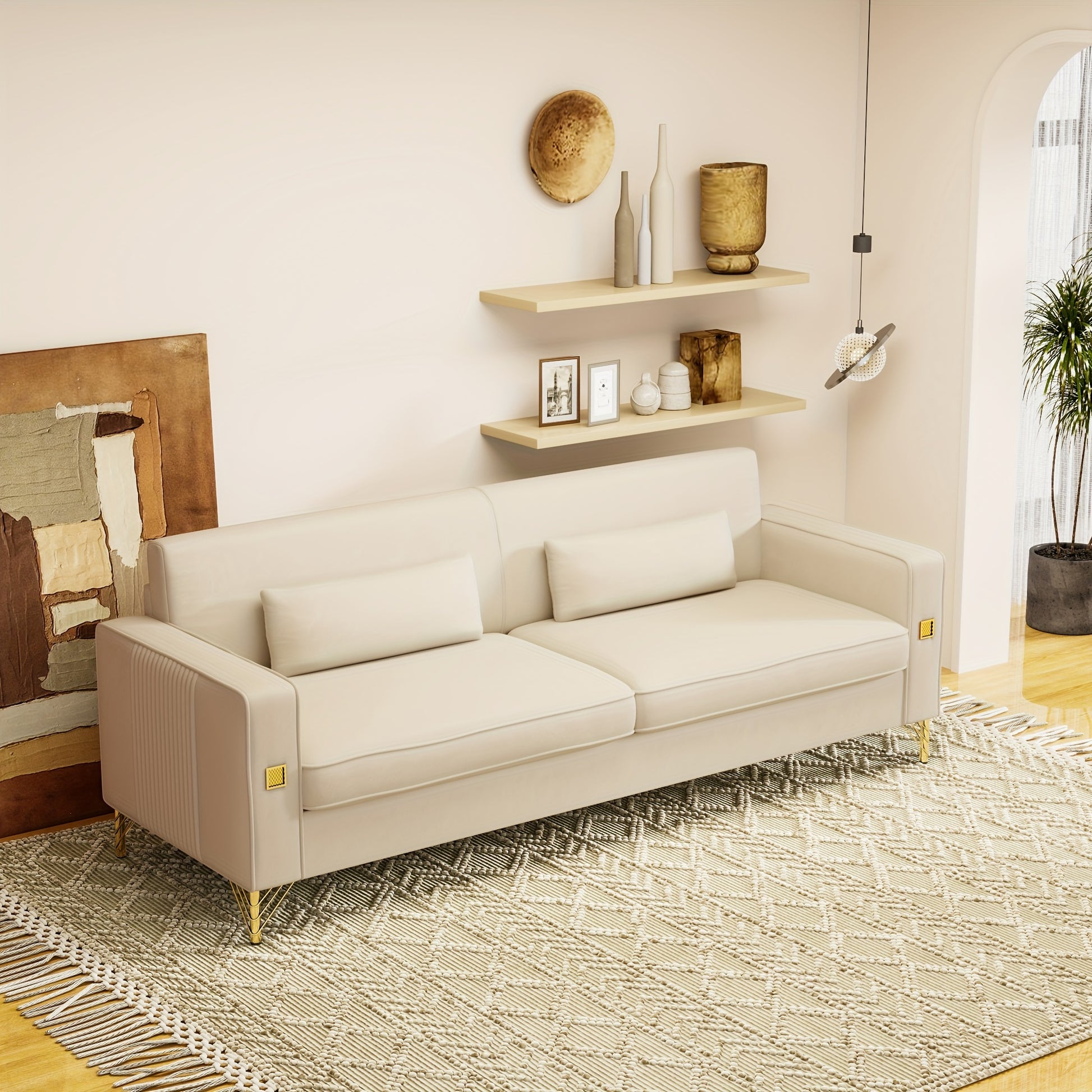 1pc 85.63" Loveseat Sofa, Mid Century Decor with Square Armrests Couches with 2 Pillows - Loft&Timber