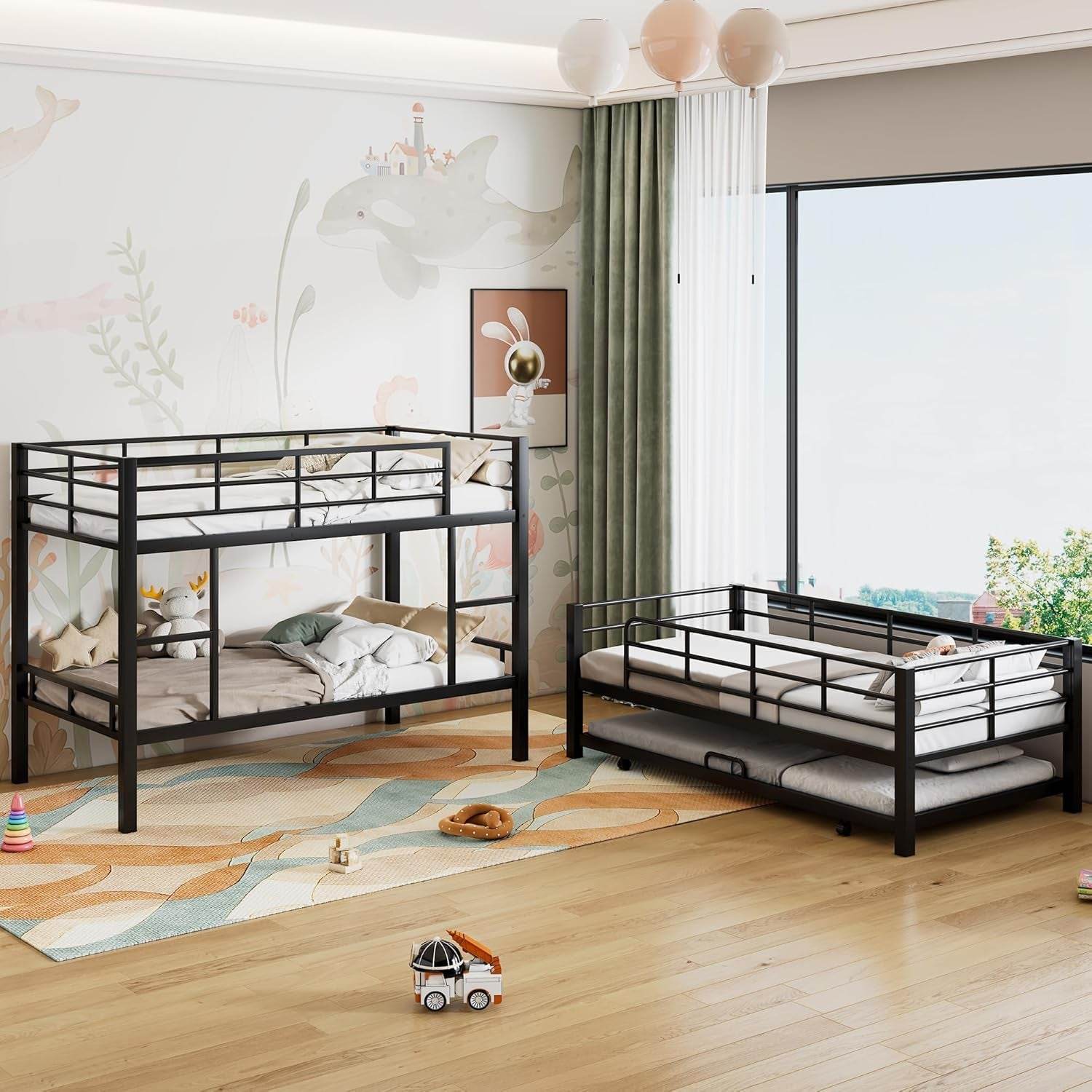 Metal Twin Size Triple Bunk Bed with Trundle for 4, Bunk Beds with 2 Ladders & Guardrails, Convertible to 3 Separate Beds for Kids Teens, Space-Saving, Black - Loft&Timber