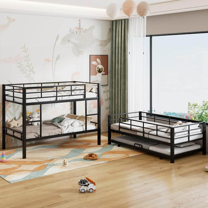 Metal Twin Size Triple Bunk Bed with Trundle for 4, Bunk Beds with 2 Ladders & Guardrails, Convertible to 3 Separate Beds for Kids Teens, Space-Saving, Black - Loft&Timber