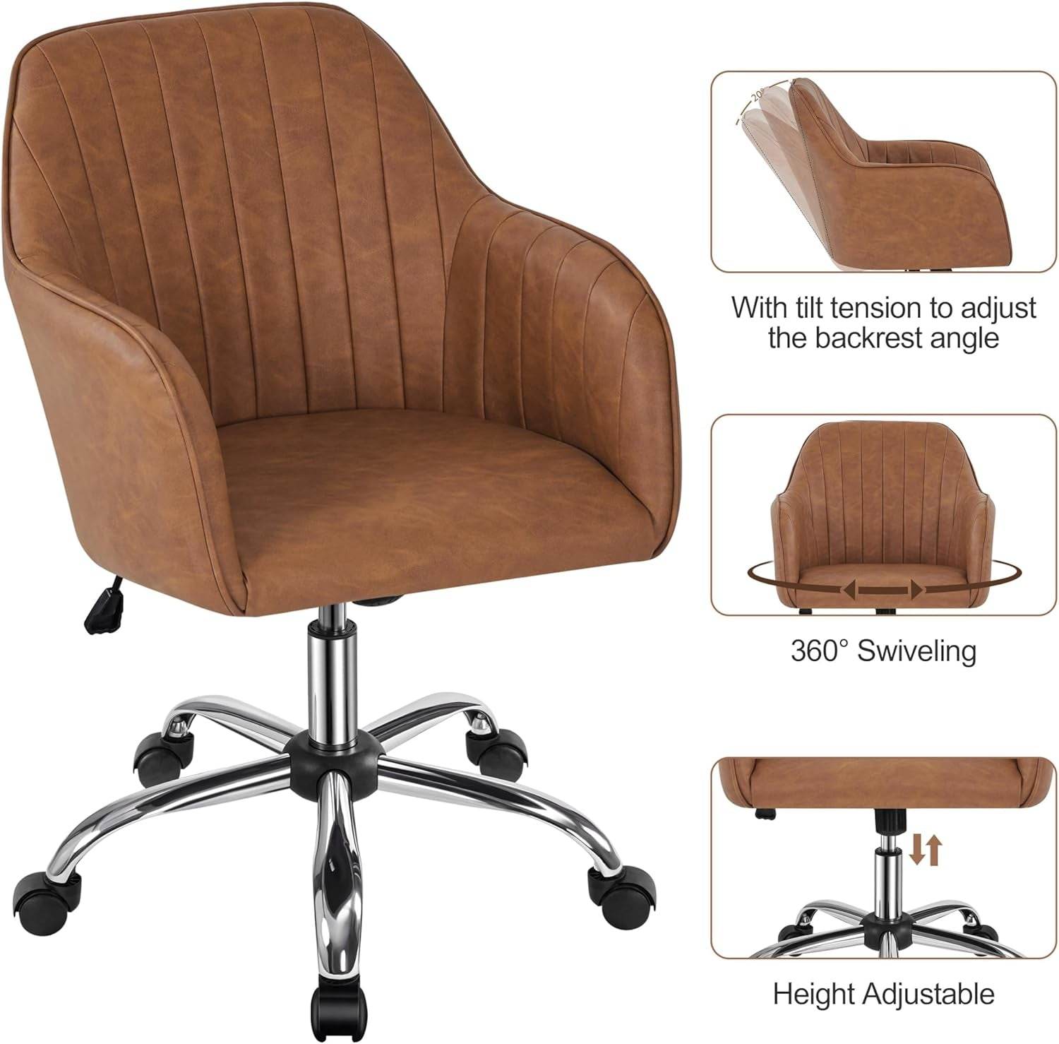 Modern Faux Leather Desk Chair Height Adjustable Task Chair Swivel Office Chair Makeup Chair Computer Chair Mid Back Chair Living Room Chairs with Arms Retro Brown-3