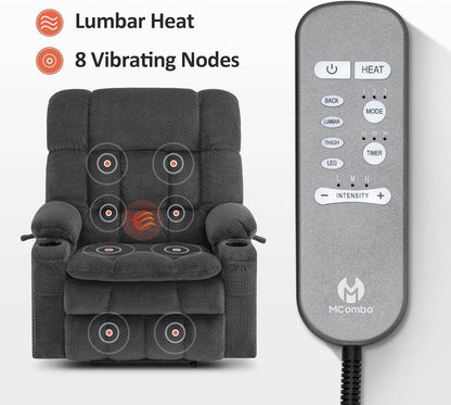 Dark Grey Wide Power Lift Recliner Massage, Heat, USB - Loft&Timber