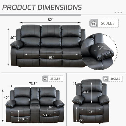 Manual Recliner Sofa Set, Bonded Leather in Black - Loft&Timber