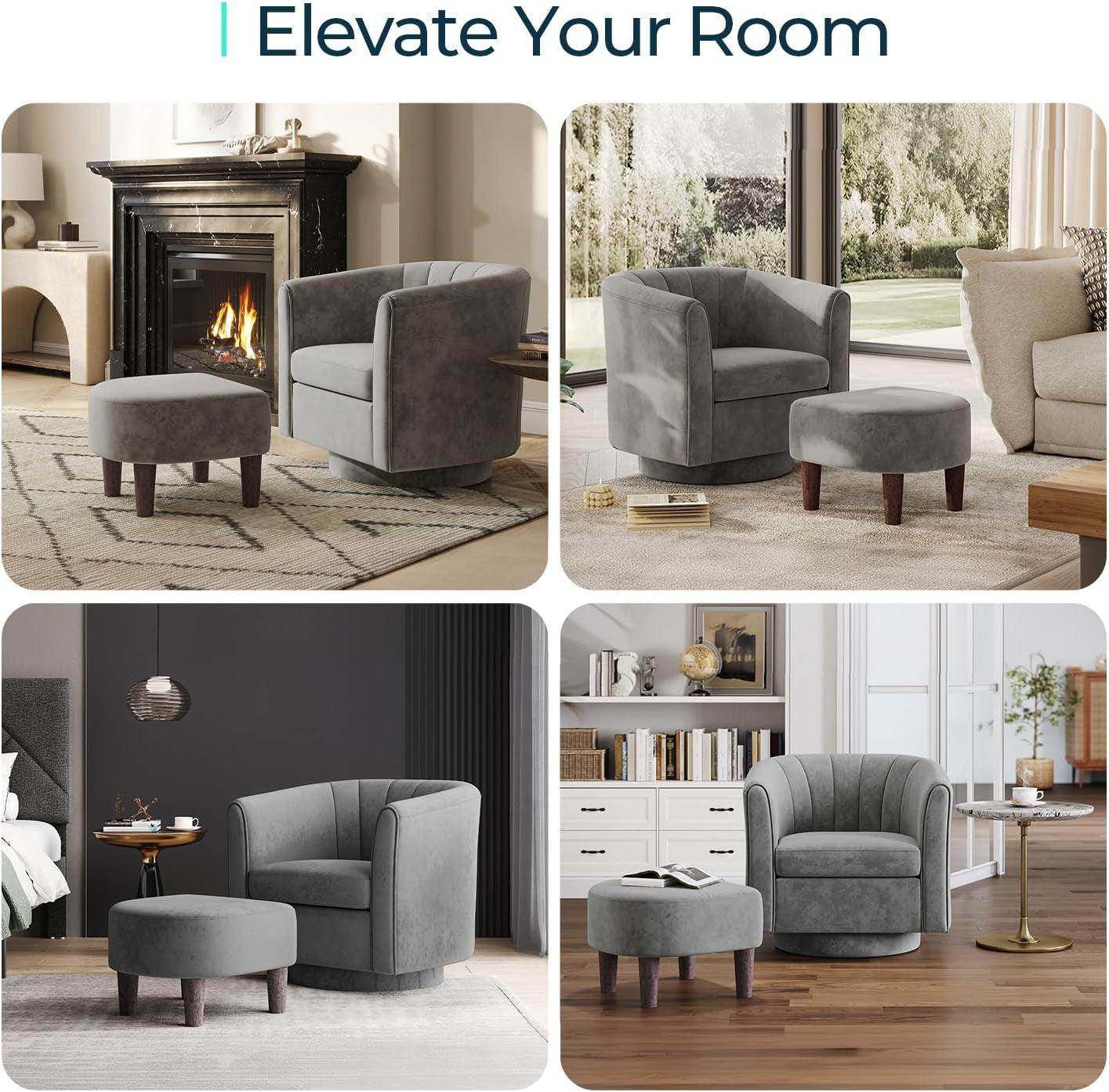 Grey Velvet 360 Swivel Armchair With Ottoman Footrest - Loft&Timber