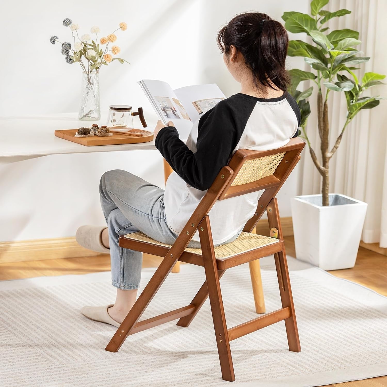 Rattan Folding Chair Walnut Finish Indoor Outdoor Dining-4