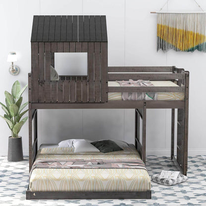 House Bunk Beds Twin over Full Size, Wood Bunk Beds with Roof and Window (Distressed Grey, Twin over Full) - Loft&Timber