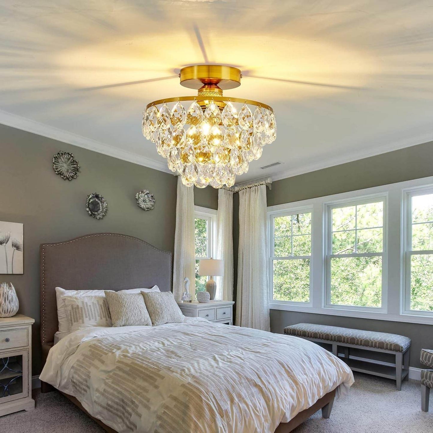 Modern E26 Small Crystal Chandelier Semi Flush Mount Ceiling Light Fixture Gold Ceiling Lamp for Hallway Bedroom Bathroom Closet Bedroom Foyer - Loft&Timber