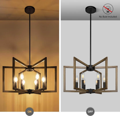 6-Light Modern Farmhouse Pendant Lights for Kitchen Island, Vintage Geometric Dining Room Lighting Hanging, Industrial Chandelier for Hallway Foyer, Retro Wood Texture and Black Finish - Loft&Timber