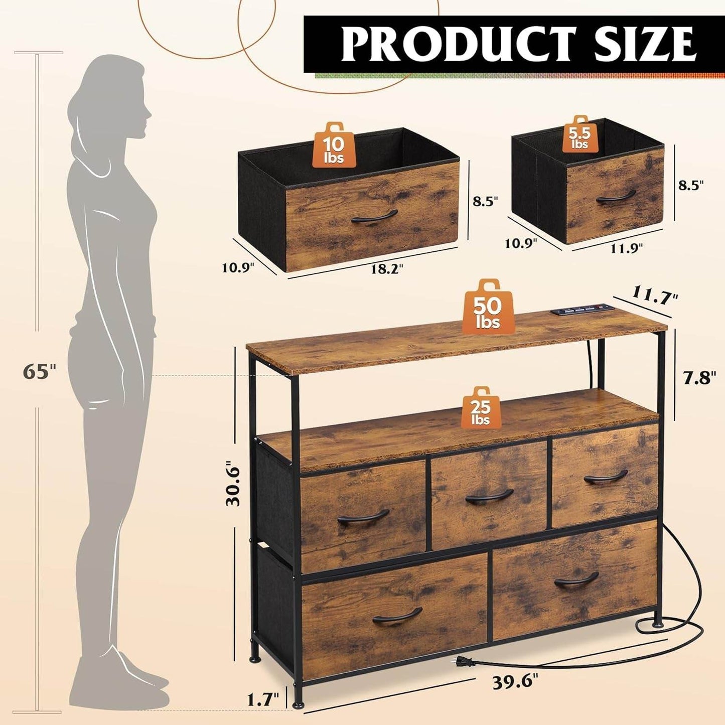 Dresser TV Stand with 5 Drawers in Rustic Brown - Loft&Timber