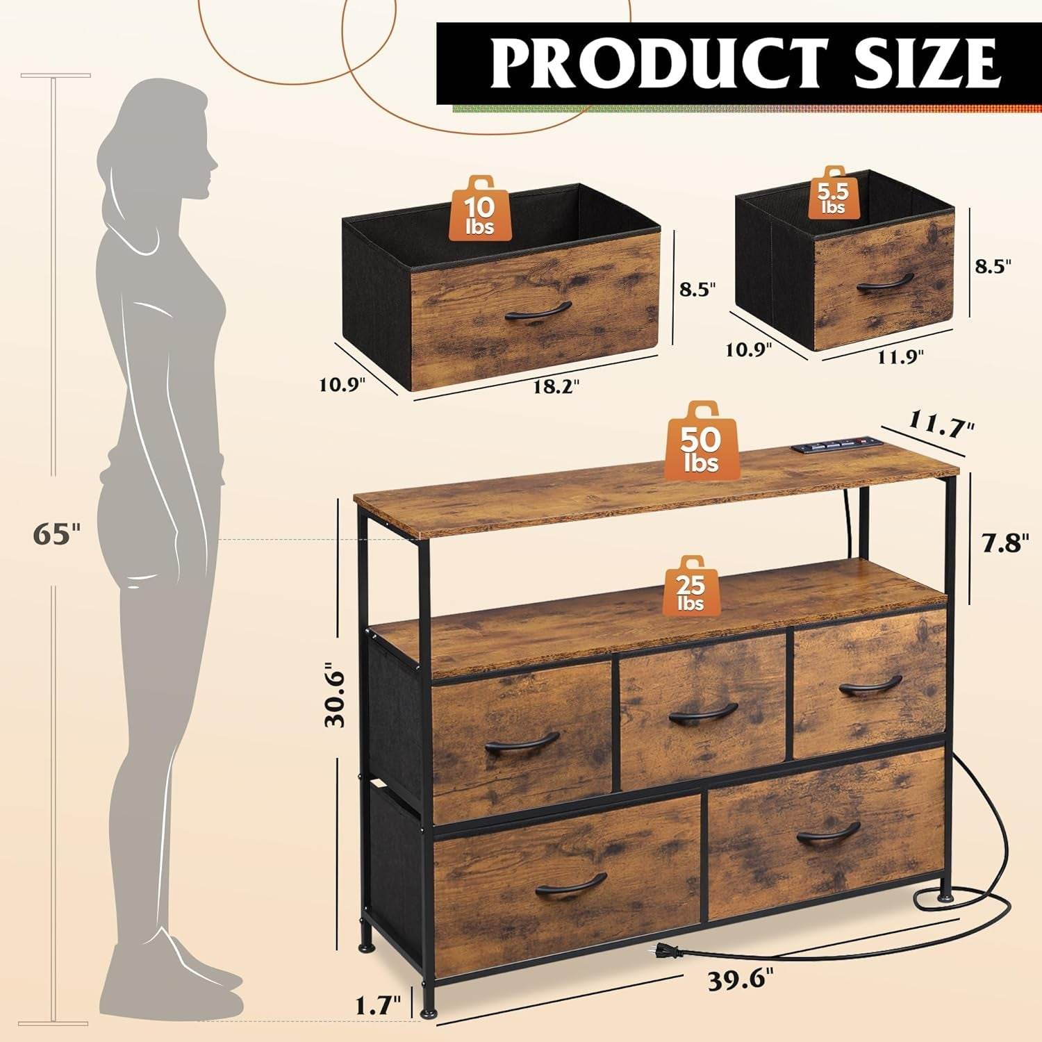 Dresser TV Stand with 5 Drawers in Rustic Brown - Loft&Timber