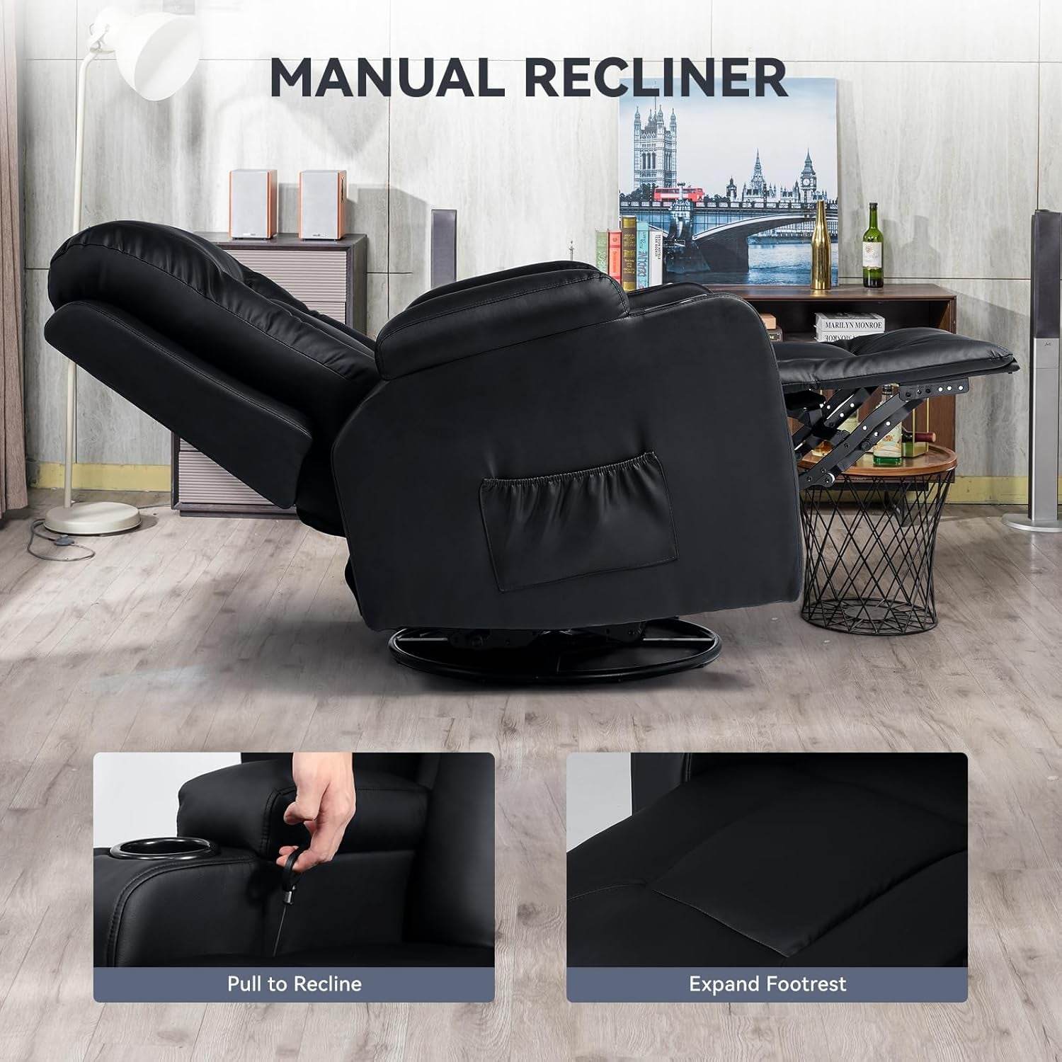 Living Room Furniture Set, Bonded Leather Loveseat Sofa with Cup Holder, Black - Loft&Timber