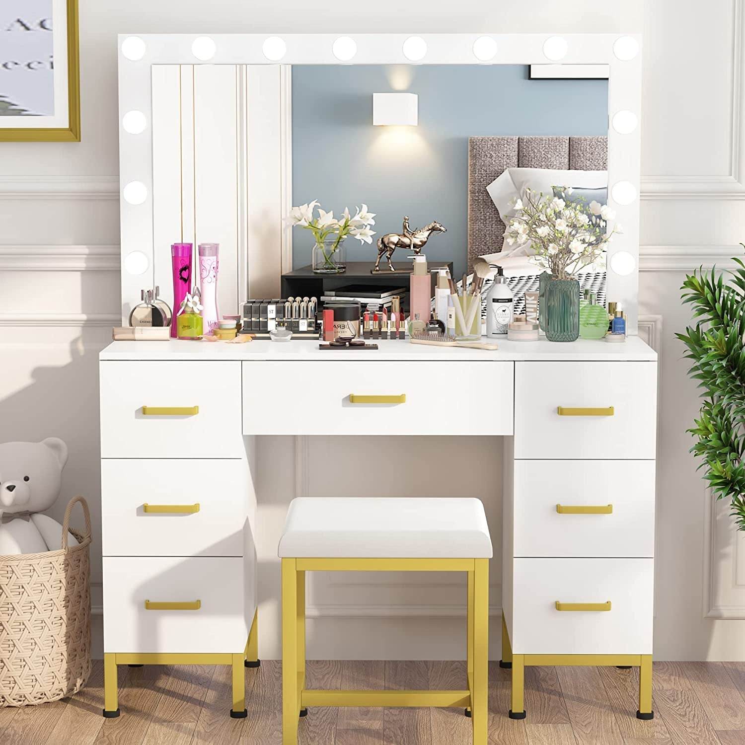 White Vanity Desk Set with Lighted Mirror - Loft&Timber
