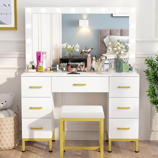 White Vanity Desk Set with Lighted Mirror - Loft&Timber