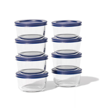 Glass Food Storage Containers - 16 Piece 7oz Set (8 Containers + 8 Lids), Blue - Loft&Timber