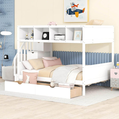 Twin over Full Bunk Bed with Storage Shelves, Stairs, Solid Wood Staiway Bunk Bed Frame with 2 Drawers, for Kids Teens Adults (White) - Loft&Timber