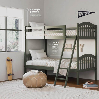 Long Horn Twin-Over-Twin Bunk Bed (Olive) - GREENGUARD Gold Certified, Converts to 2 Individual Twin Beds - Loft&Timber