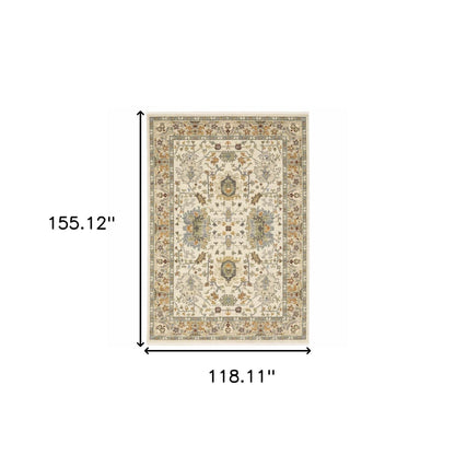 10' X 13' Ivory Oriental Power Loom Stain Resistant Area Rug With Fringe - Loft&Timber