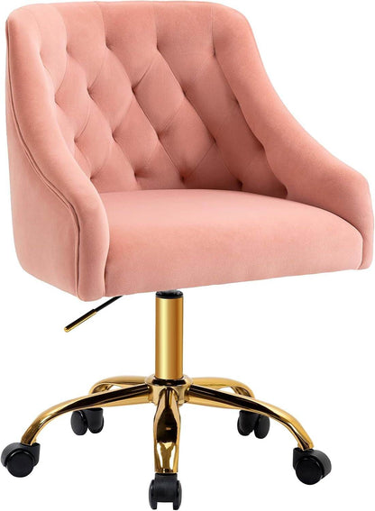 Velvet Office Swivel Chair, Vanity Chair, Fabric Desk Chair, Pretty Fancy Chair, Gold Office Chair for Girls, 360°Swivel Height Adjustable Reception Chair (Pink) - Loft&Timber