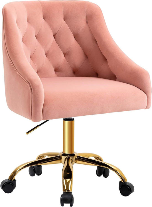 Velvet Office Swivel Chair, Vanity Chair, Fabric Desk Chair, Pretty Fancy Chair, Gold Office Chair for Girls, 360°Swivel Height Adjustable Reception Chair (Pink) - Loft&Timber