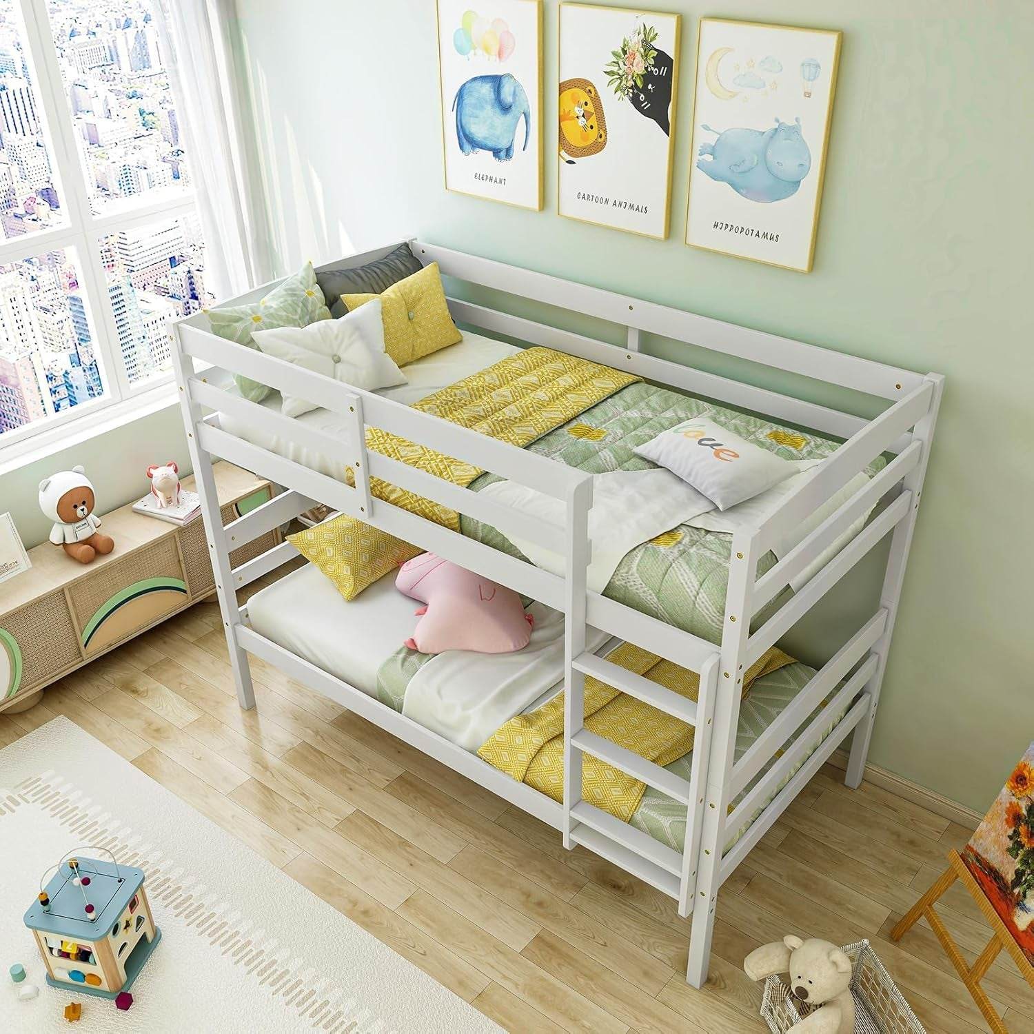 Bunk Bed Twin over Twin, Solid Wood Detachable Bed Frame with High Guardrails & Integrated Ladder, Wooden Slatted Bunk Bed for Kids & Teens, No Box Spring Needed, White - Loft&Timber