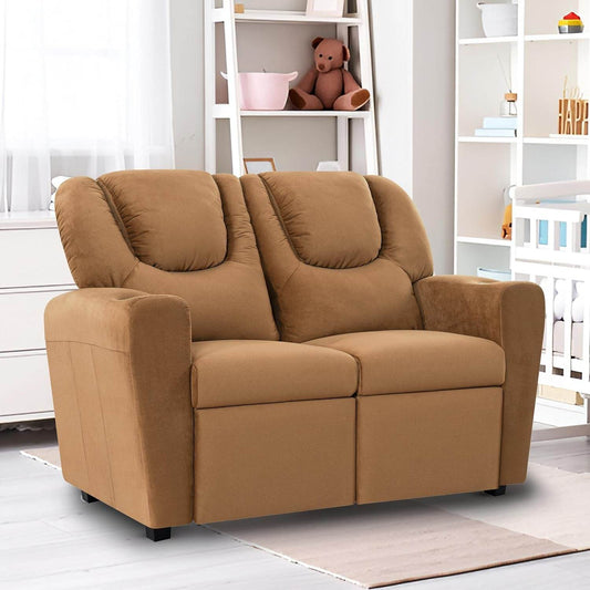 Suri Kids Recliner Loveseat – Spacious Toddler Recliner Chair Ages 3-5 with Cup Holders, Push-Back Function, and Adjustable Footrest - Brown - Loft&Timber