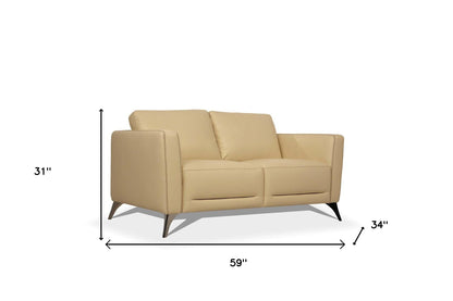 59" Cream And Silver Leather Loveseat - Loft&Timber