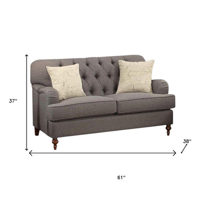 61" Dark Gray And Brown Linen Curved Loveseat and Toss Pillows - Loft&Timber