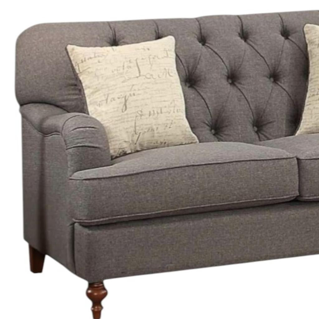 61" Dark Gray And Brown Linen Curved Loveseat and Toss Pillows - Loft&Timber