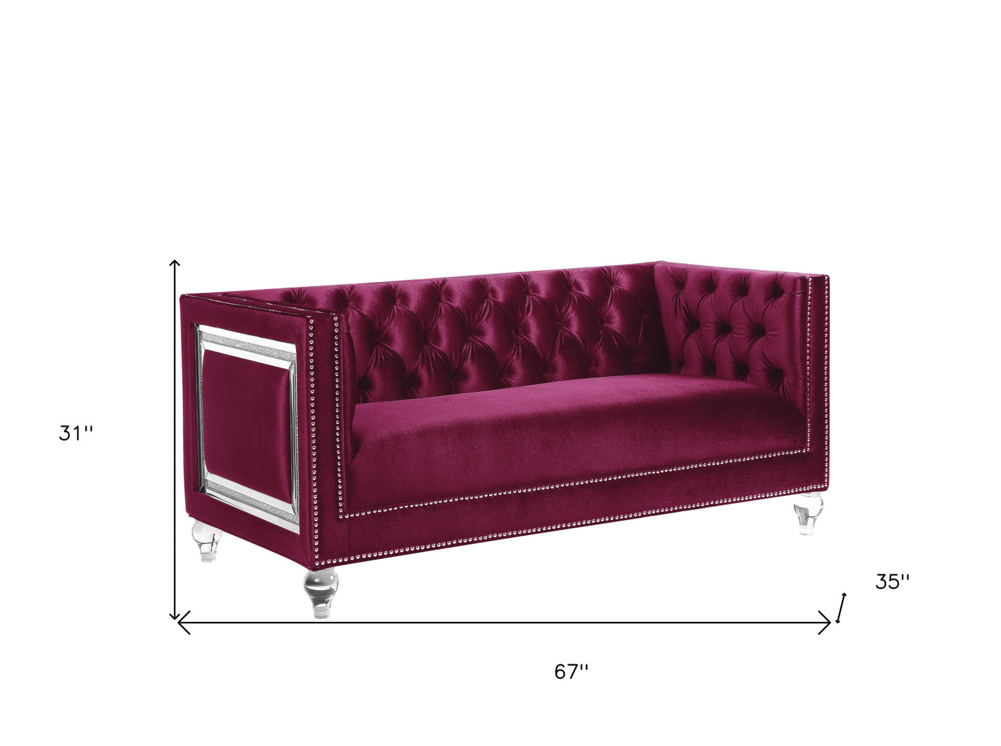 67" Burgundy And Silver Velvet Loveseat and Toss Pillows-3
