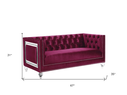 67" Burgundy And Silver Velvet Loveseat and Toss Pillows-3