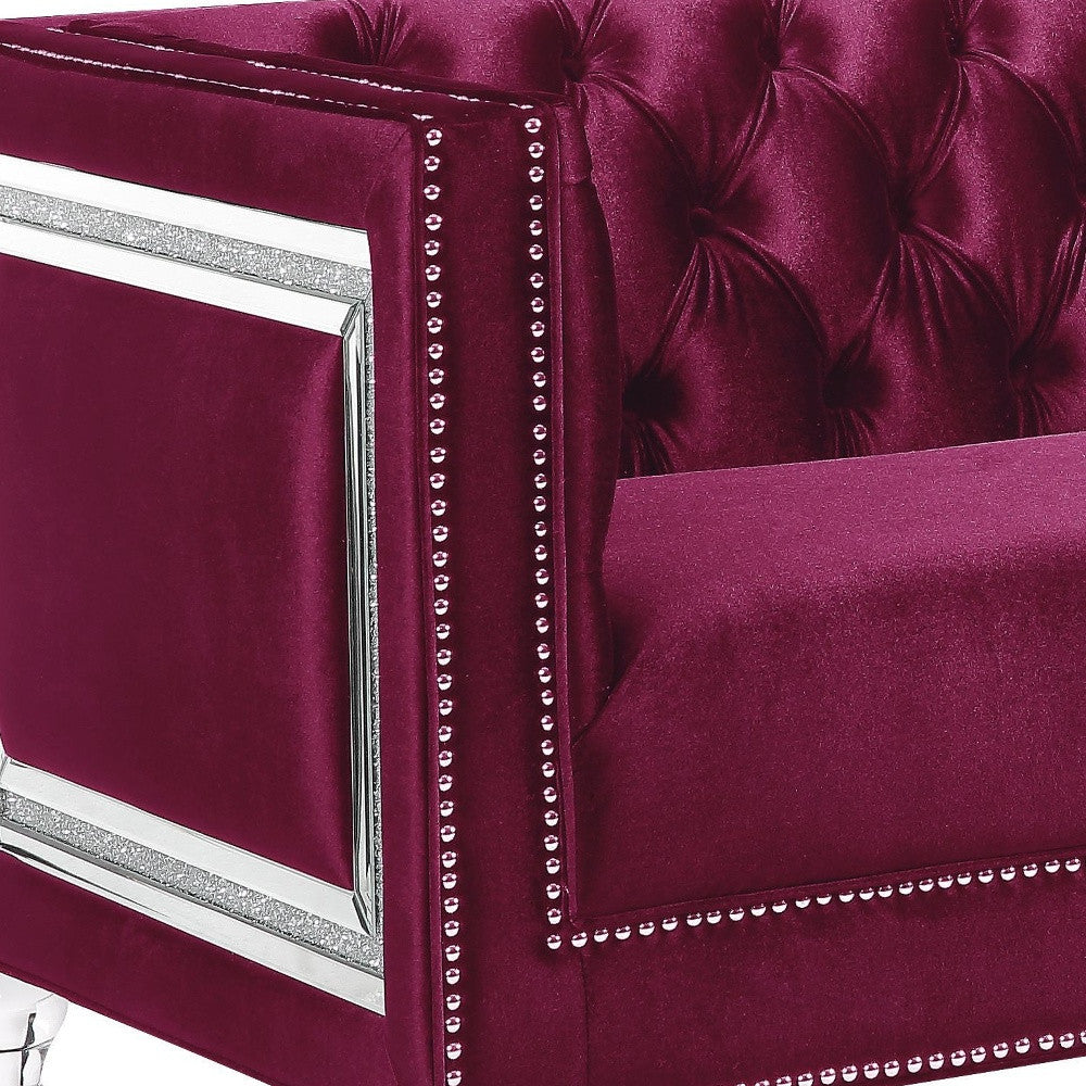 67" Burgundy And Silver Velvet Loveseat and Toss Pillows-2
