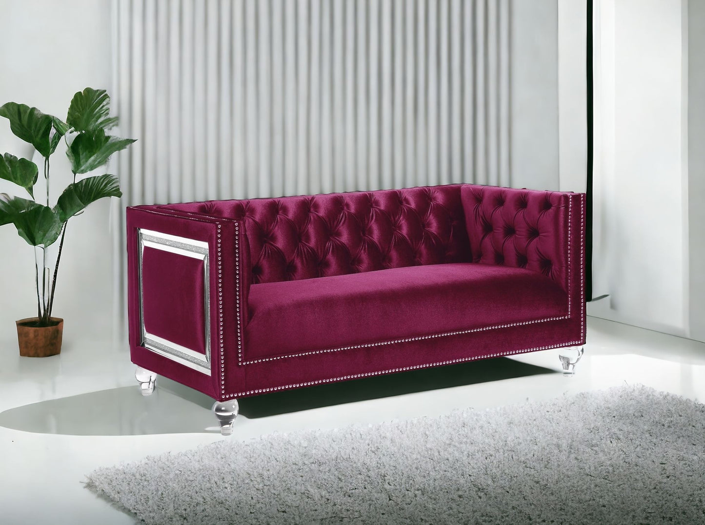 67" Burgundy And Silver Velvet Loveseat and Toss Pillows-1