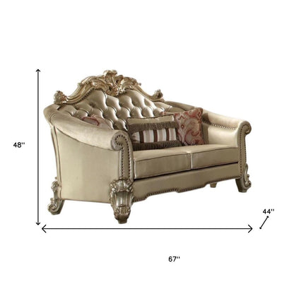 67" Bone And Gold Faux Leather Loveseat and Toss Pillows - Loft&Timber