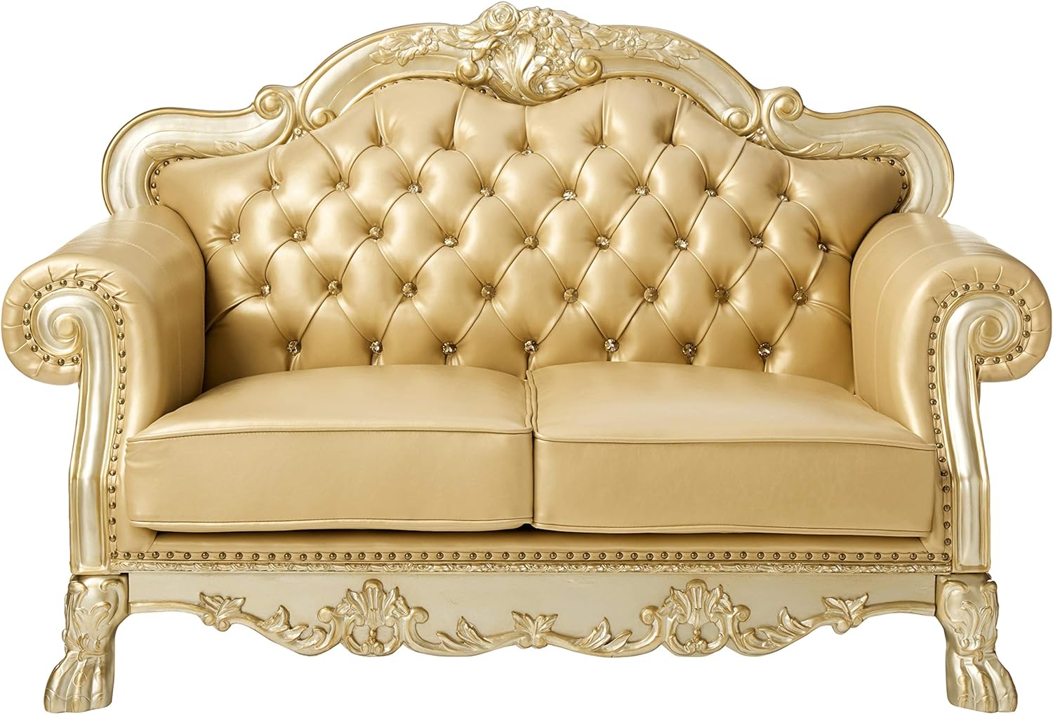 64" Bone And Gold Faux Leather Loveseat and Toss Pillows - Loft&Timber