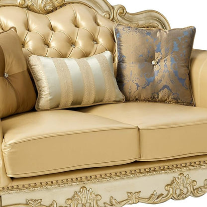 64" Bone And Gold Faux Leather Loveseat and Toss Pillows - Loft&Timber