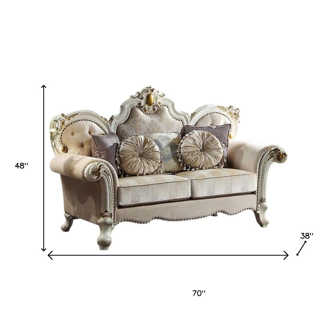 70" Gold And Pearl Velvet Loveseat and Toss Pillows - Loft&Timber