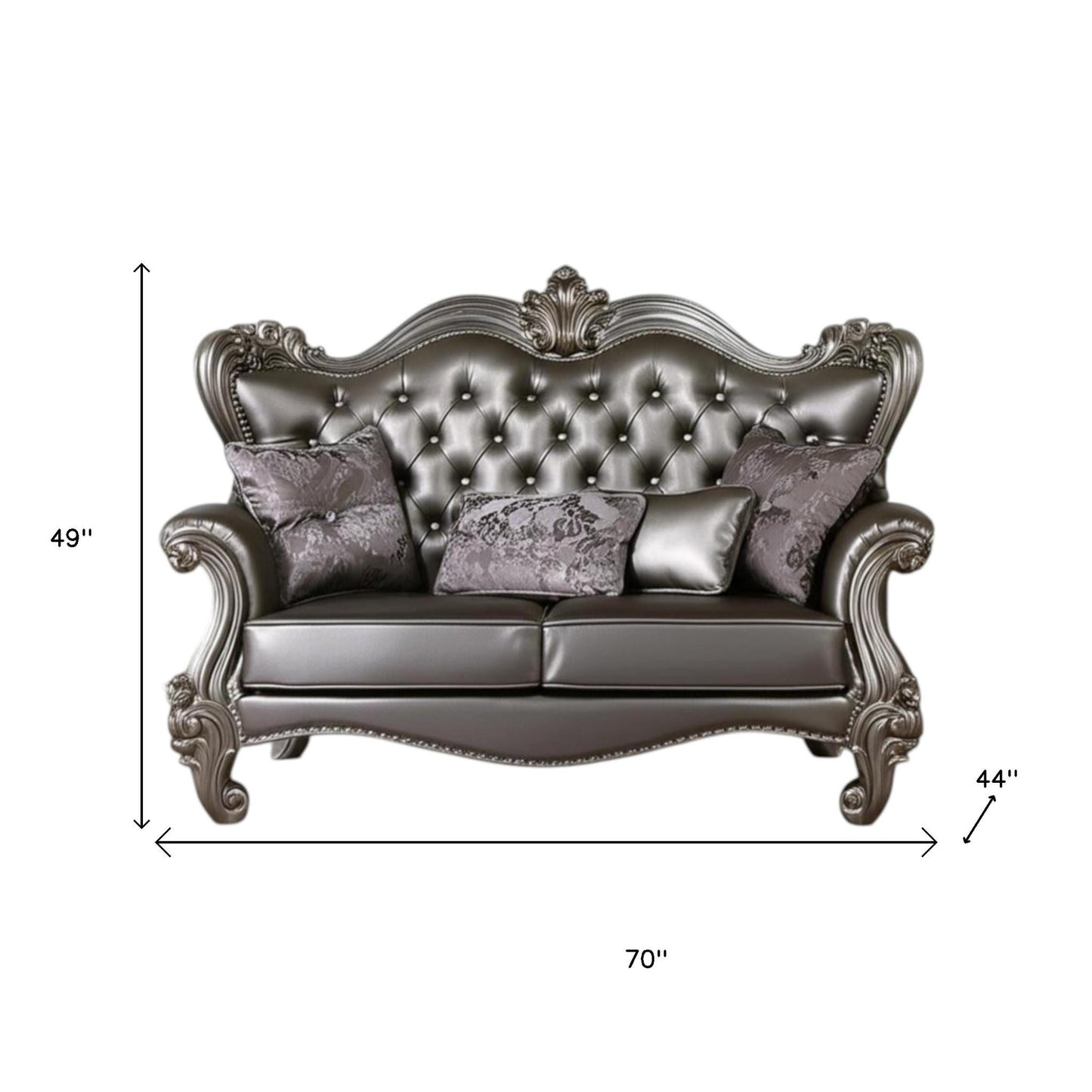 70" Silver And Platinum Faux Leather Loveseat and Toss Pillows - Loft&Timber