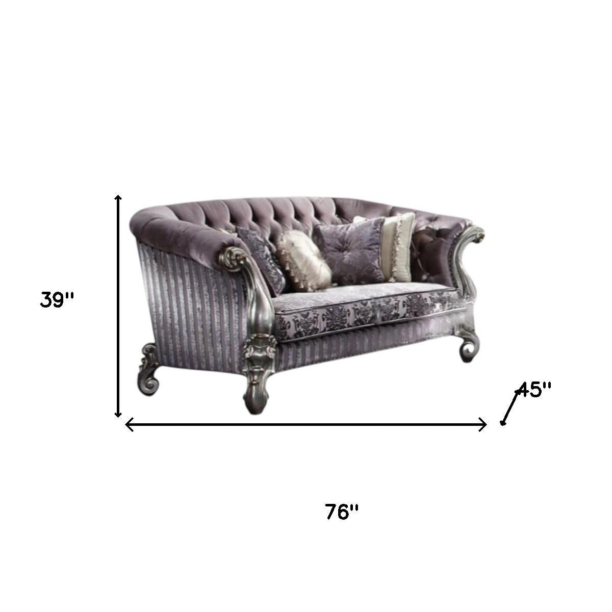 76" Purple And Platinum Velvet Loveseat and Toss Pillows - Loft&Timber