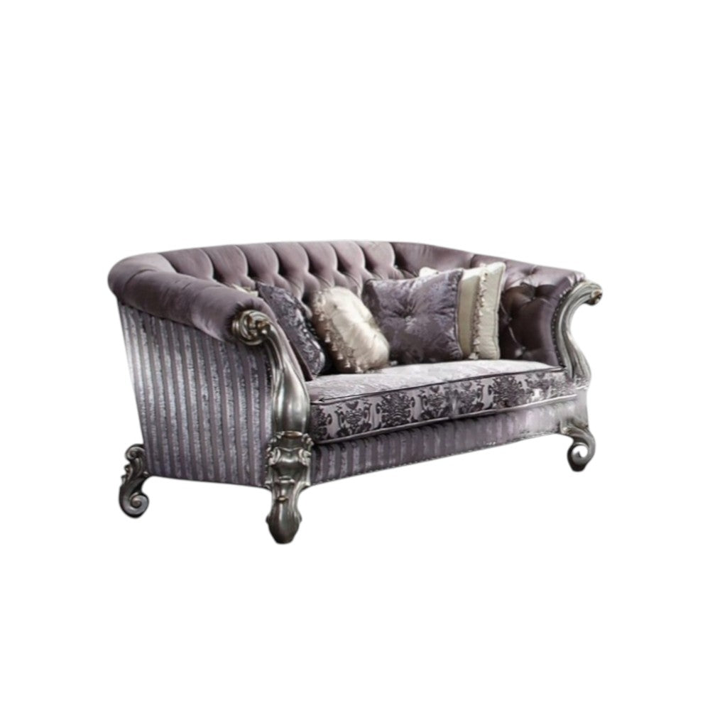 76" Purple And Platinum Velvet Loveseat and Toss Pillows - Loft&Timber