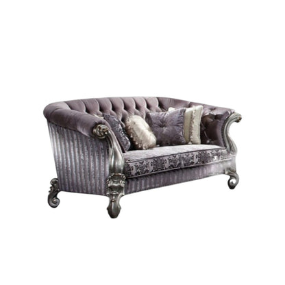 76" Purple And Platinum Velvet Loveseat and Toss Pillows - Loft&Timber