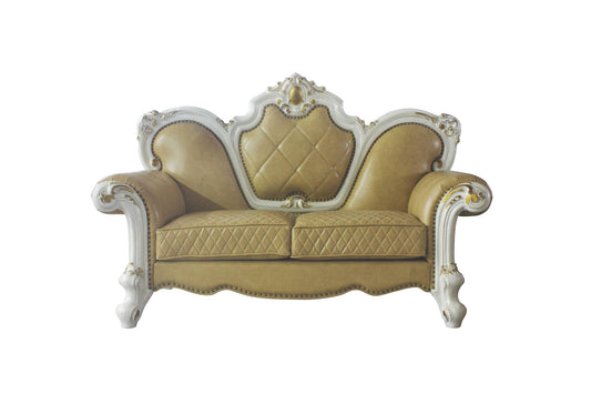 70" Golden Yellow And Pearl Faux Leather Loveseat and Toss Pillows - Loft&Timber