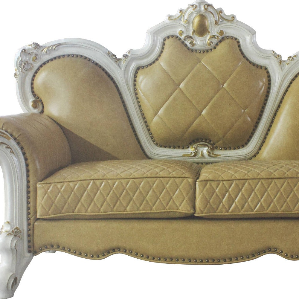 70" Golden Yellow And Pearl Faux Leather Loveseat and Toss Pillows - Loft&Timber