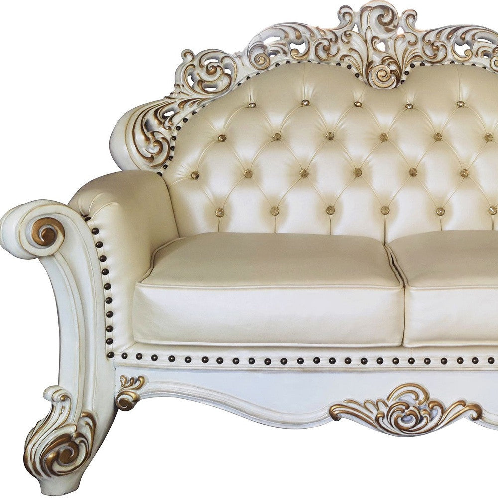 70" Champagne And Pearl Faux Leather Loveseat and Toss Pillows - Loft&Timber