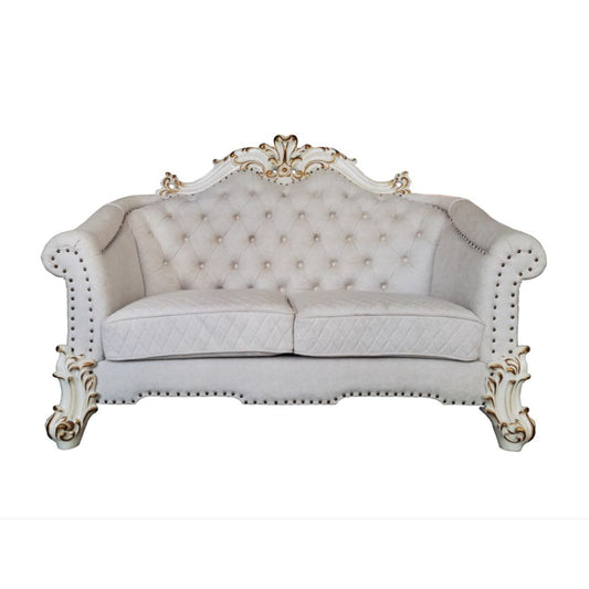 66" Two Tone Ivory And Pearl Velvet Loveseat and Toss Pillows - Loft&Timber