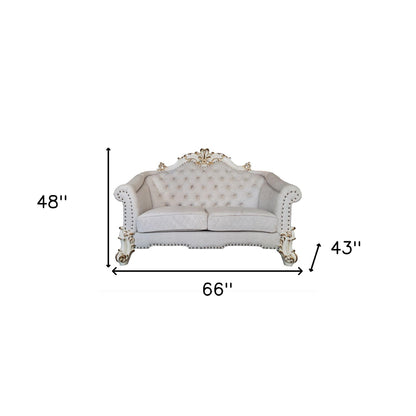 66" Two Tone Ivory And Pearl Velvet Loveseat and Toss Pillows - Loft&Timber