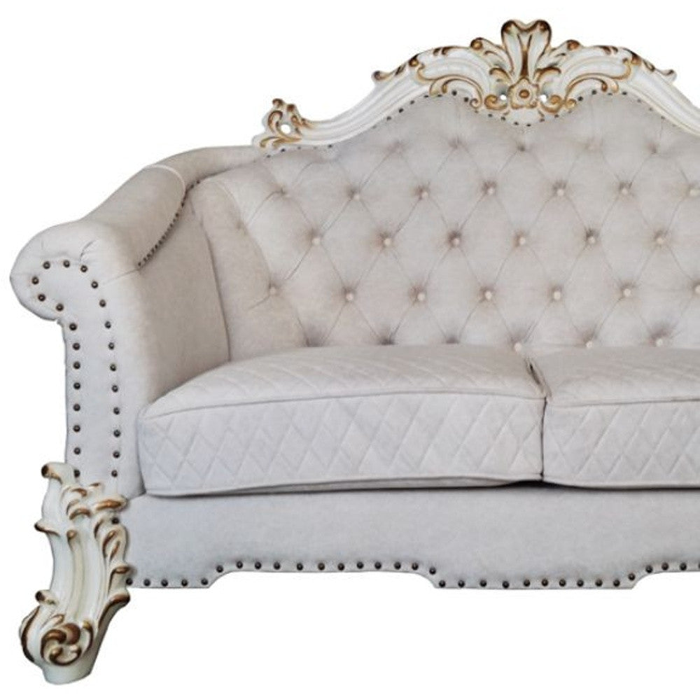66" Two Tone Ivory And Pearl Velvet Loveseat and Toss Pillows - Loft&Timber