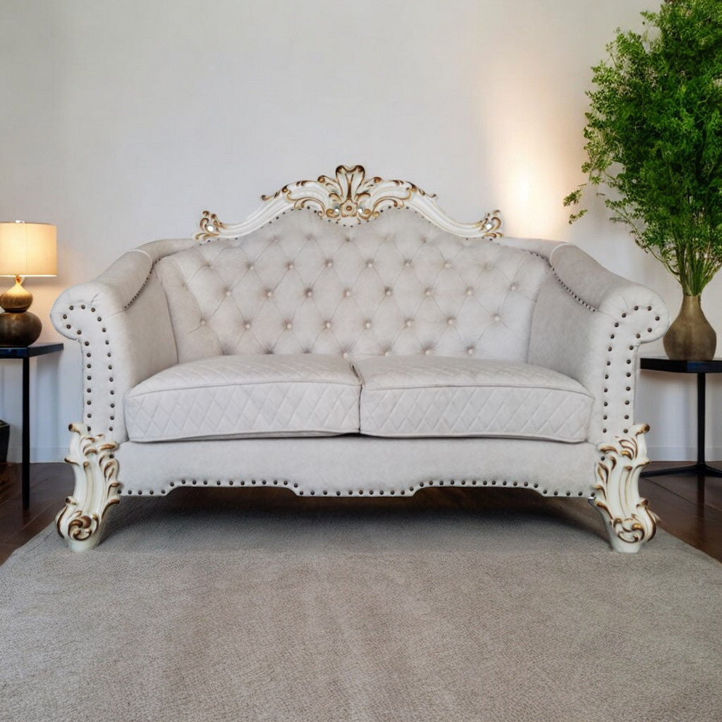 66" Two Tone Ivory And Pearl Velvet Loveseat and Toss Pillows - Loft&Timber