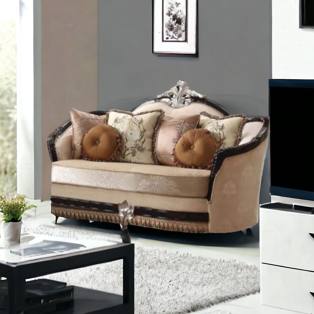 75" Tan Velvet Curved Loveseat and Toss Pillows - Loft&Timber